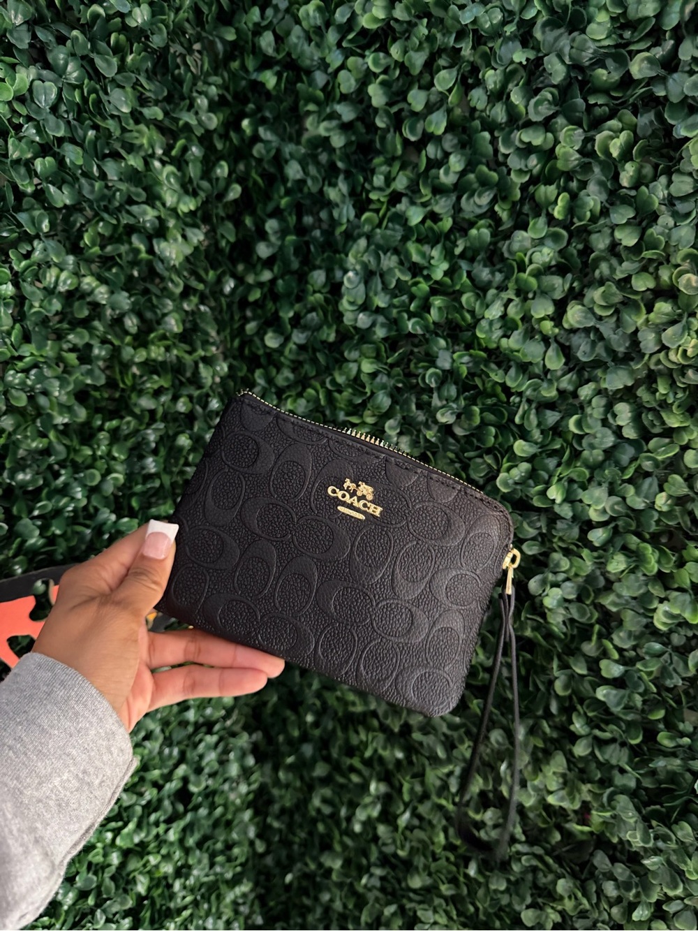 Coach Black Embossed Signature Wristlet with Gold Logo